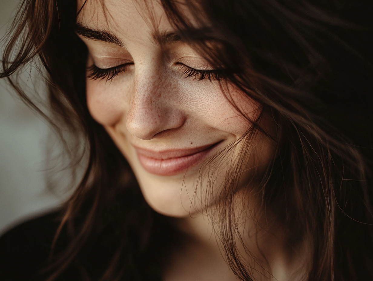 Portrait d'une femme en groupant avec des cheveux longs